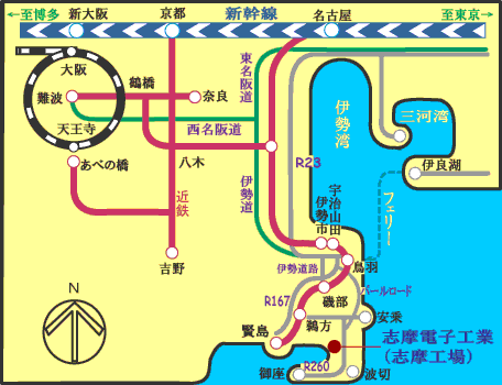 基板実装（EMS）とファンクションチェッカー/ファンクションテスター/実装基板検査装置（FCT）のSHIMA・志摩電子工業　全体アクセス図